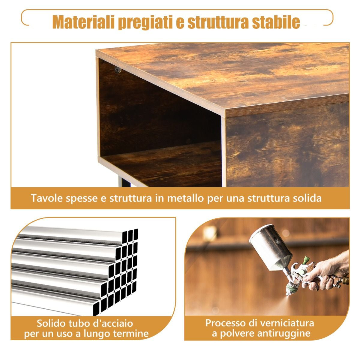 Tavolino Da Caffè 110Cm in Legno Con Ampi Scomparti Struttura in Metallo, Tavolino Da Tè per Soggiorno
