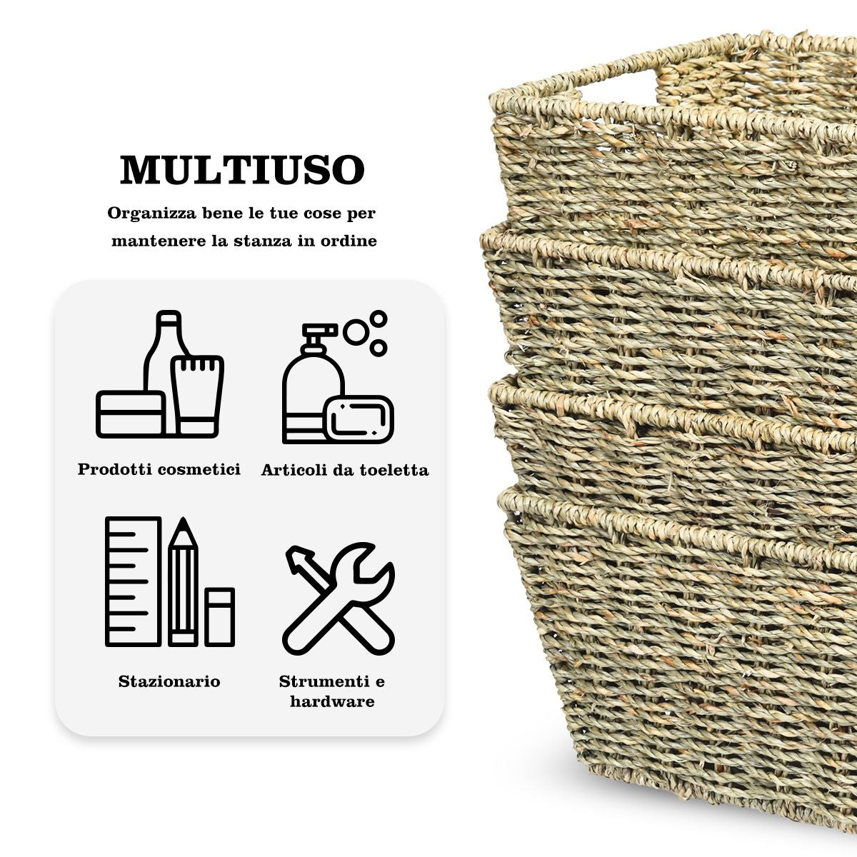 Set Di 4 Cestini in Seagrass Con Maniglie, Cestini Rettangolari in Seagrass Con Struttura in Ferro