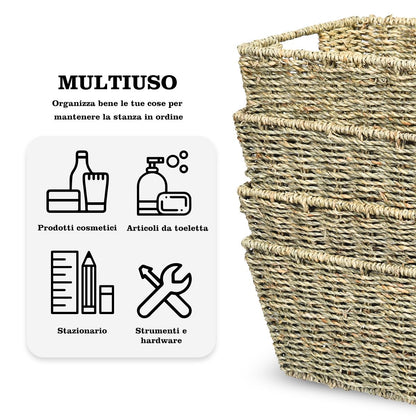 Set Di 4 Cestini in Seagrass Con Maniglie, Cestini Rettangolari in Seagrass Con Struttura in Ferro