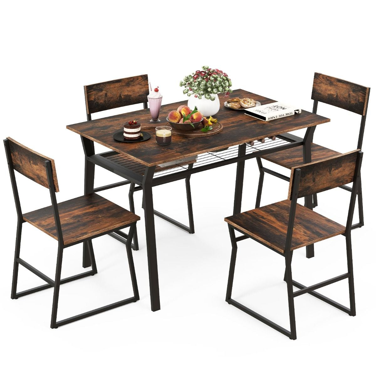 Set Da Tavolo Da Pranzo 5 Pezzi, Tavolo Da Cucina Con 4 Sedie Mensola Portaoggetti E Telaio in Metallo 2 Colori