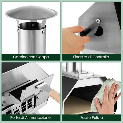 Forno per Pizza in Acciaio Inox Con Pietra per Pizza Gambe Pieghevoli, Grill a Legna Portatile per Pizza Nero