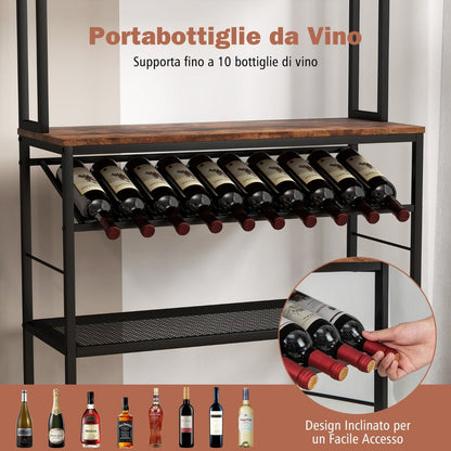 Scaffale Da Cucina a 6 Ripiani Con Portabottiglie 2 Ripiani in Rete, Scaffale Porta Microonde Alto Marrone Rustico