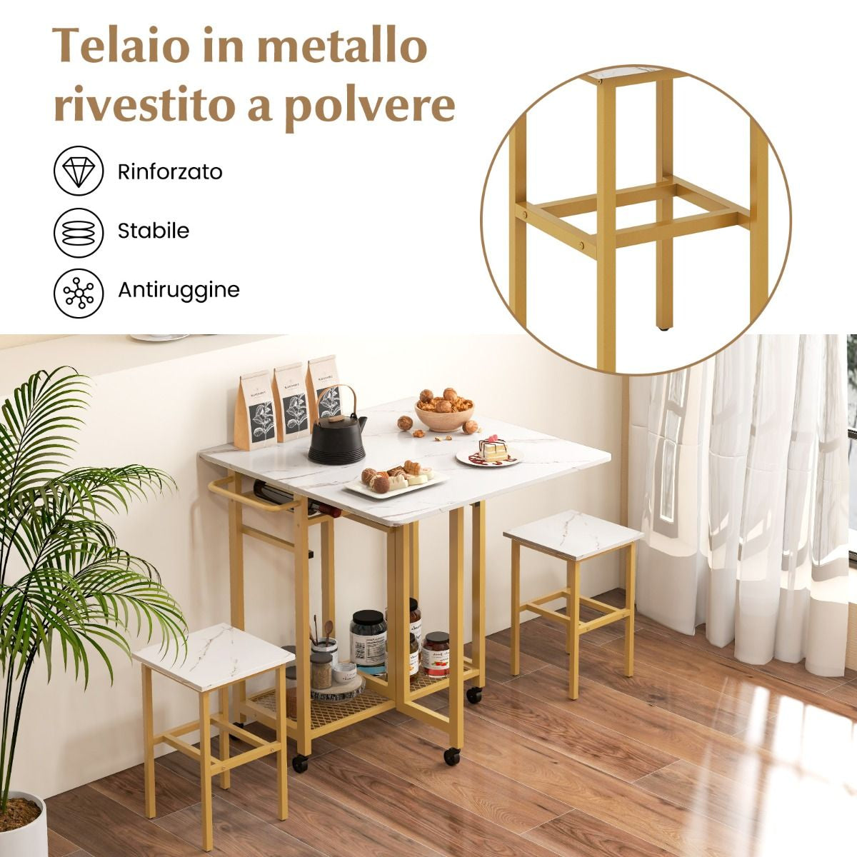 Set Tavolo Da Pranzo 3 Pezzi Con Ruote E Portabottiglie Da 6 Posti, Tavolo Da Cucina Estendibile Con 2 Sgabelli 4 Colori