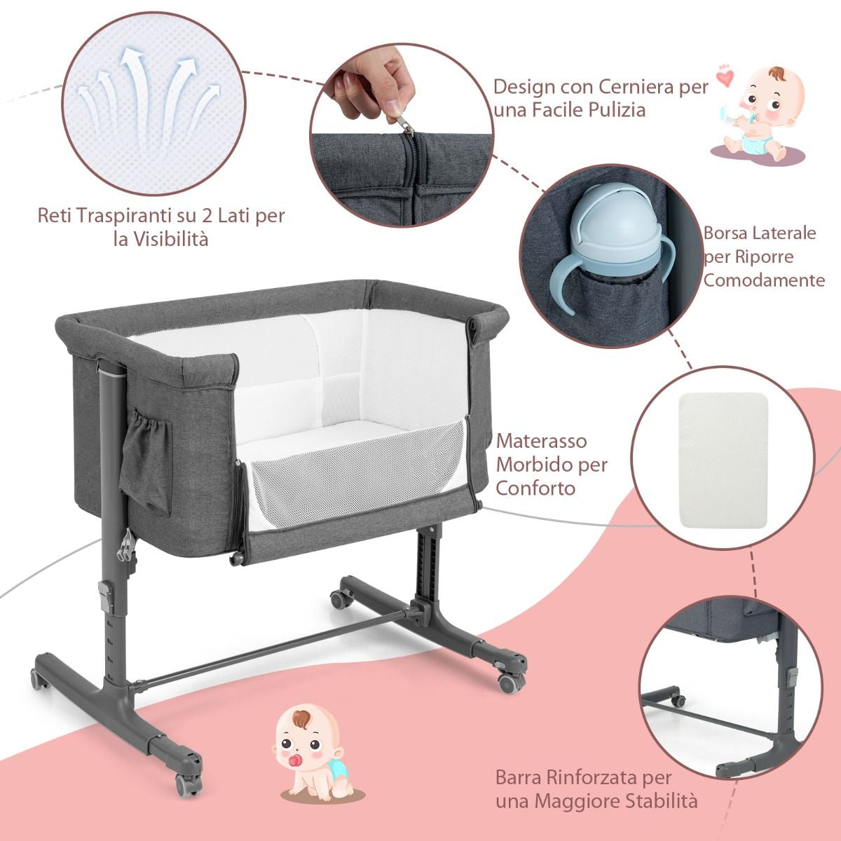 Culla per Bambini 3 in 1 Con 5 Livelli Di Altezza Regolabili Borsa Da Viaggio, Traversina per Bambini 4 Colori