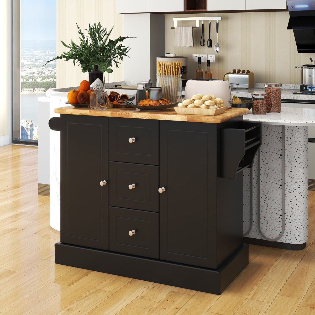 Carrello Da Cucina Con 3 Cassetti 2 Armadietti Chiusi Con Ripiani Regolabili, Isola Con Barra Laterale 2 Colori