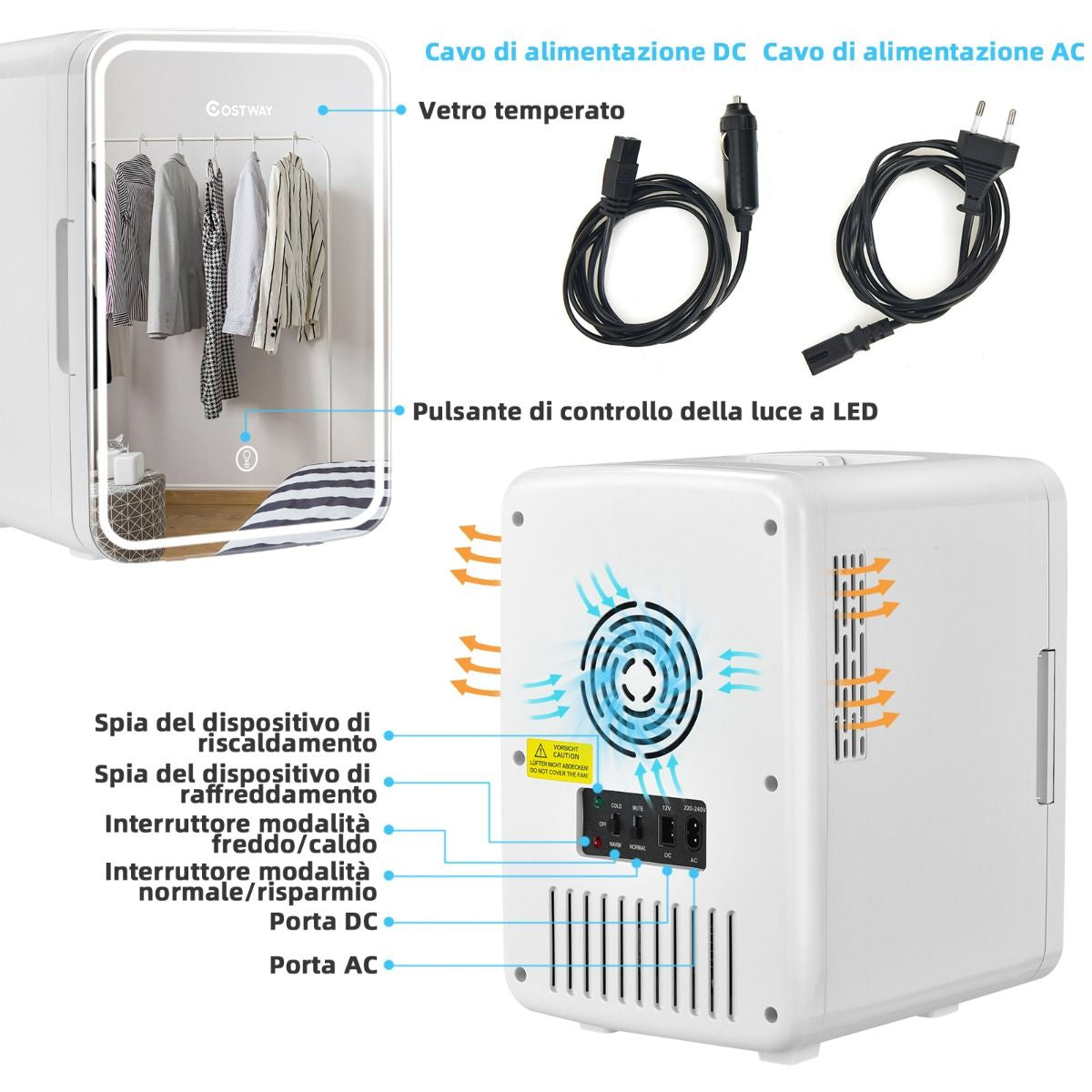 Mini Frigo Portatile 10 L AC/DC Con Specchio LED, Frigorifero Compatto Termostatico per Auto E Casa Bianco