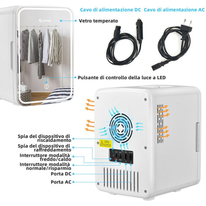 Mini Frigo Portatile 10 L AC/DC Con Specchio LED, Frigorifero Compatto Termostatico per Auto E Casa Bianco