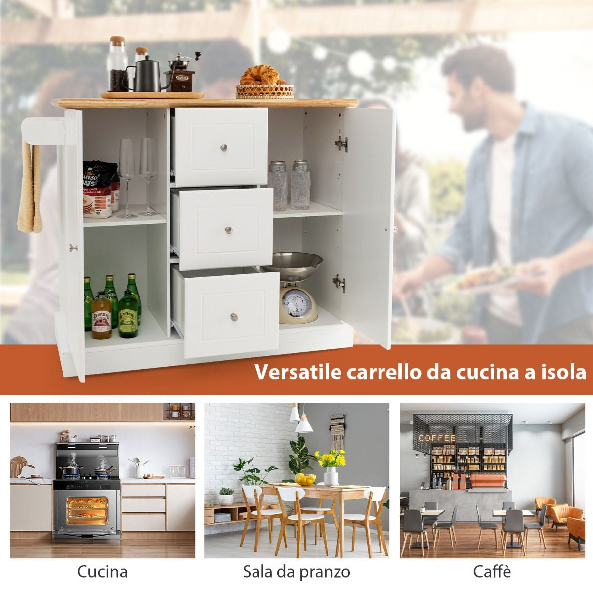 Carrello Da Cucina Con 3 Cassetti 2 Armadietti Chiusi Con Ripiani Regolabili, Isola Con Barra Laterale 2 Colori