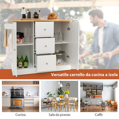 Carrello Da Cucina Con 3 Cassetti 2 Armadietti Chiusi Con Ripiani Regolabili, Isola Con Barra Laterale 2 Colori