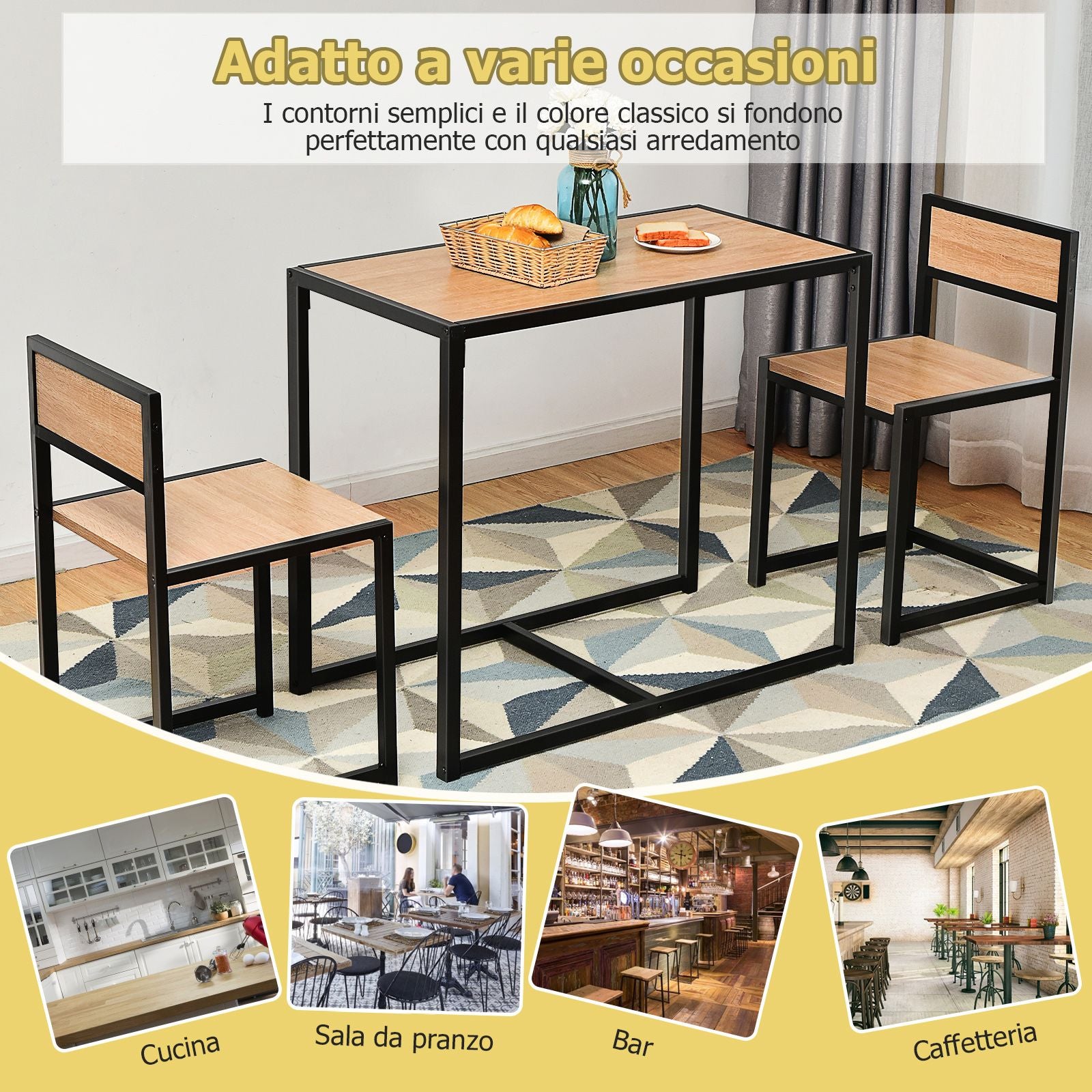 Set Da Pranzo Da 3 Pezzi Con Struttura Di Metallo, Tavolo Da Cucina Con 2 Sedie per Spazi Ridotti, Naturale
