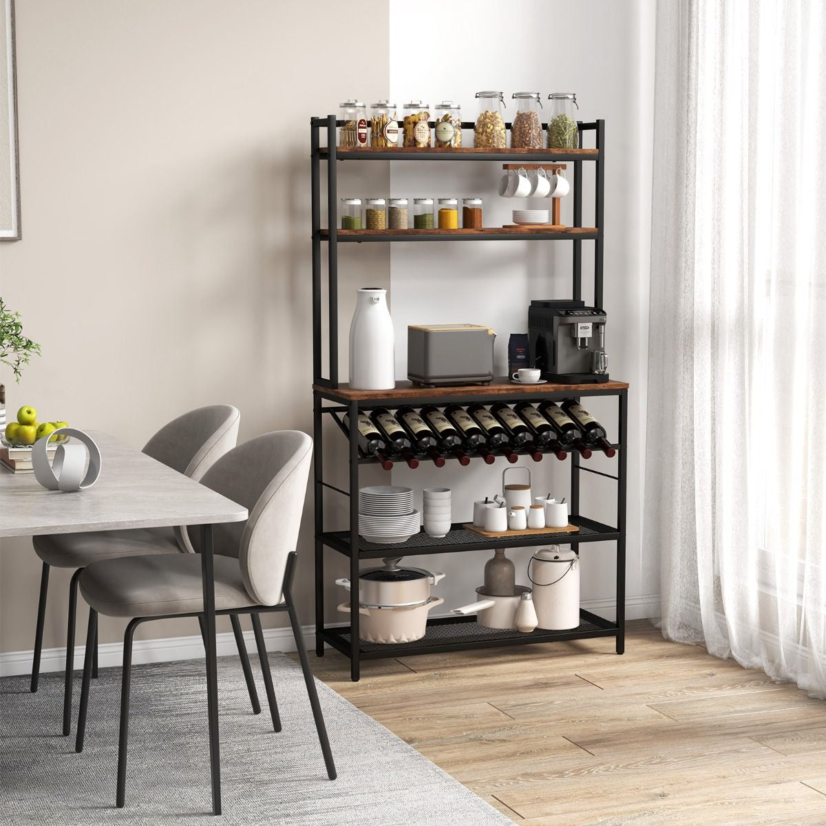 Scaffale Da Cucina a 6 Ripiani Con Portabottiglie 2 Ripiani in Rete, Scaffale Porta Microonde Alto Marrone Rustico