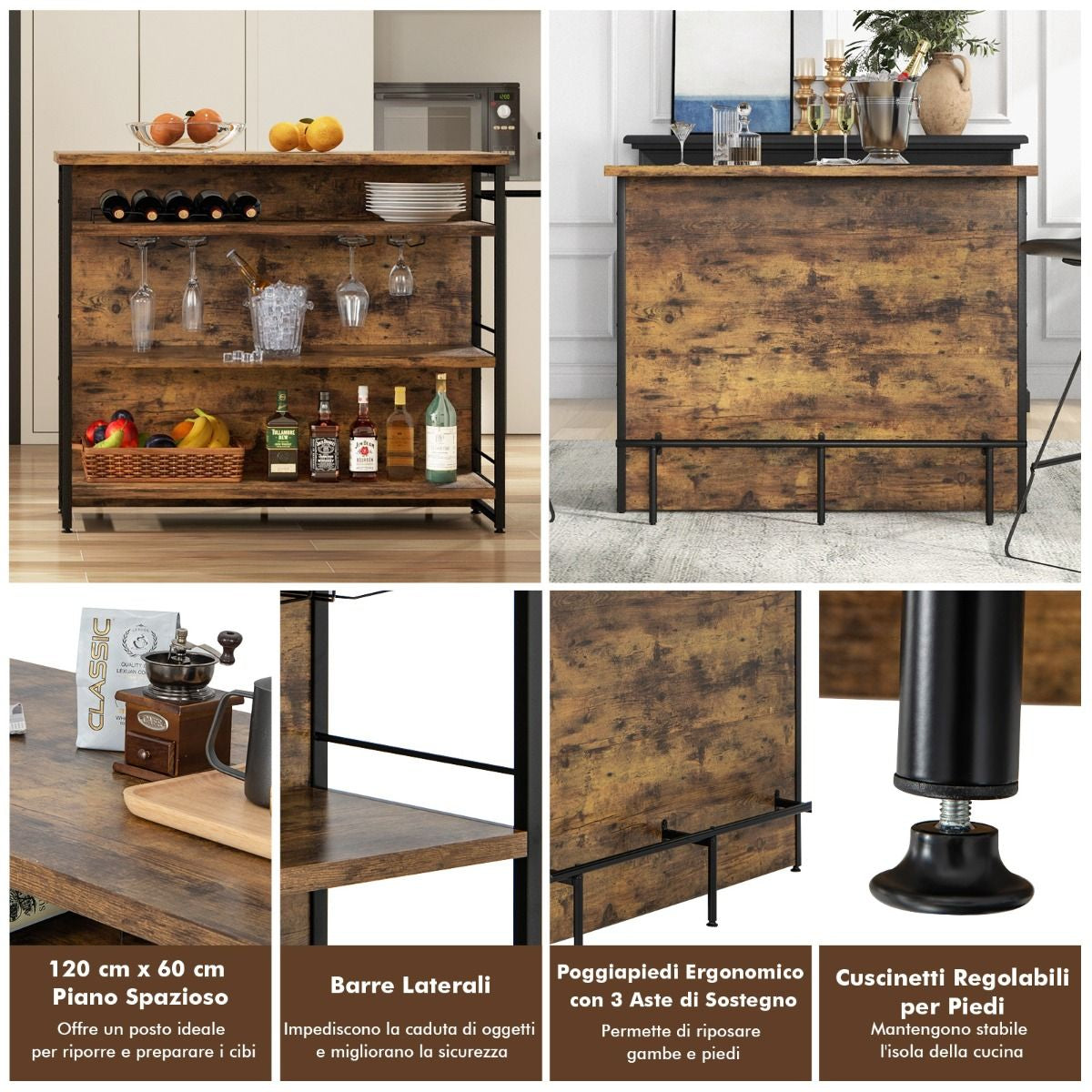 Isola Cucina Stile Industriale Con 3 Ripiani Aperti Portabottiglie E Porta Calici, Mobile Bar Con Poggiapiedi 2 Colori