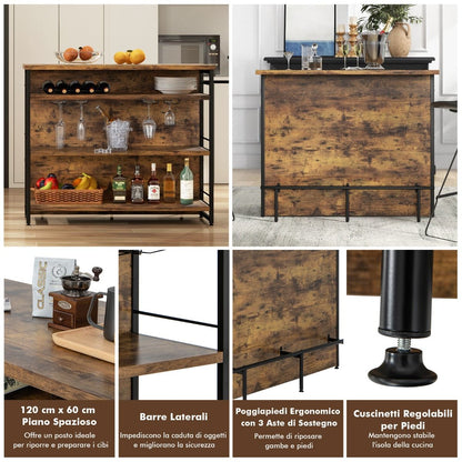 Isola Cucina Stile Industriale Con 3 Ripiani Aperti Portabottiglie E Porta Calici, Mobile Bar Con Poggiapiedi 2 Colori
