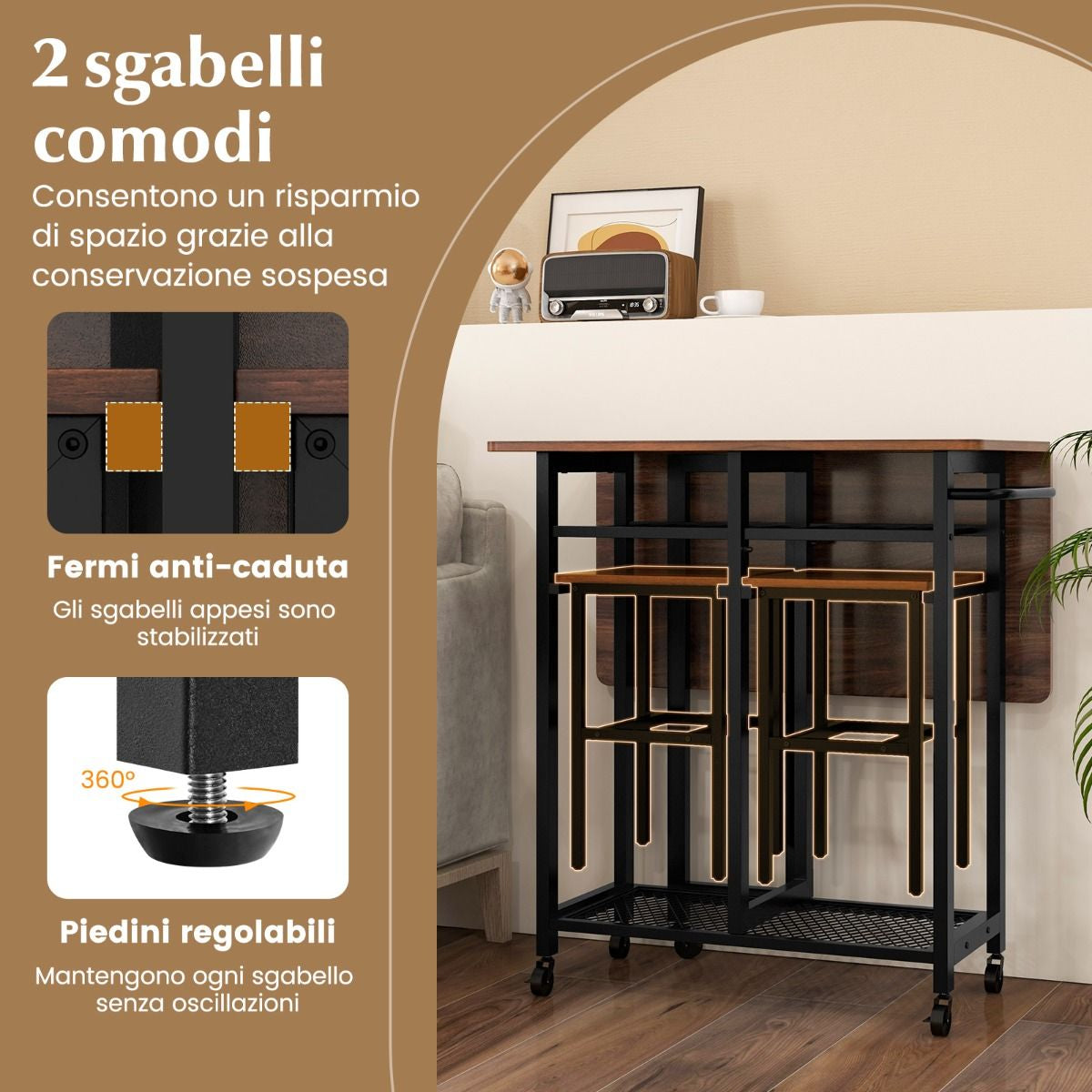 Set Tavolo Da Pranzo 3 Pezzi Con Ruote E Portabottiglie Da 6 Posti, Tavolo Da Cucina Estendibile Con 2 Sgabelli 4 Colori