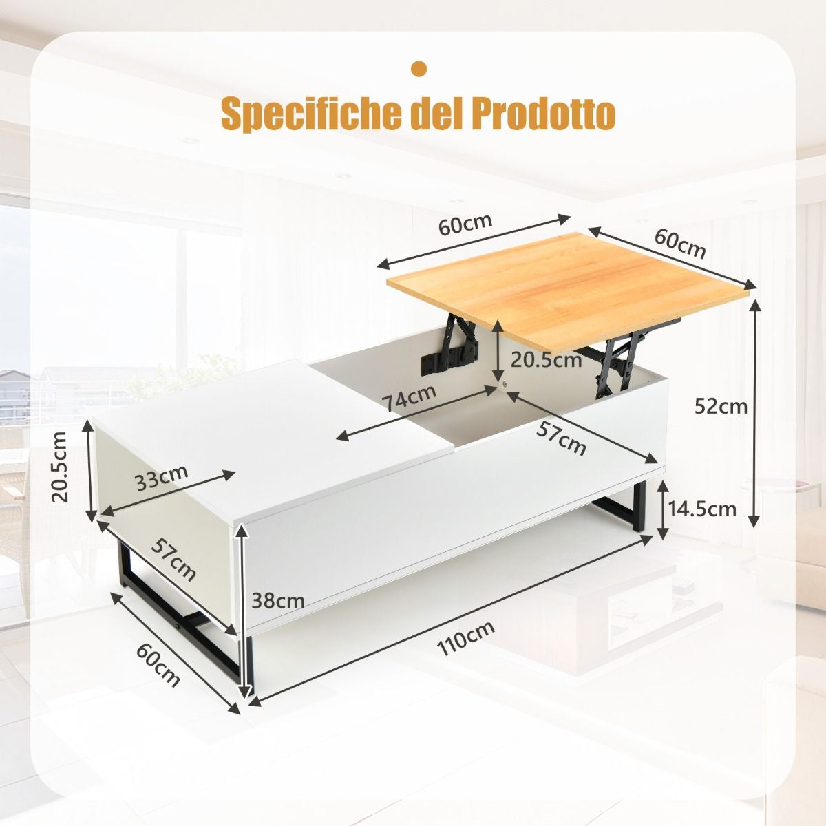 Tavolino Da Caffè 110Cm in Legno Con Ampi Scomparti Struttura in Metallo, Tavolino Da Tè per Soggiorno