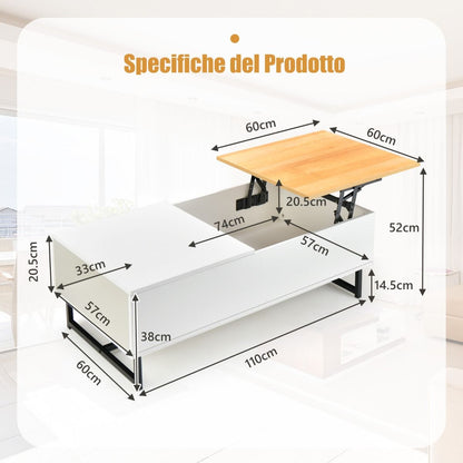 Tavolino Da Caffè 110Cm in Legno Con Ampi Scomparti Struttura in Metallo, Tavolino Da Tè per Soggiorno