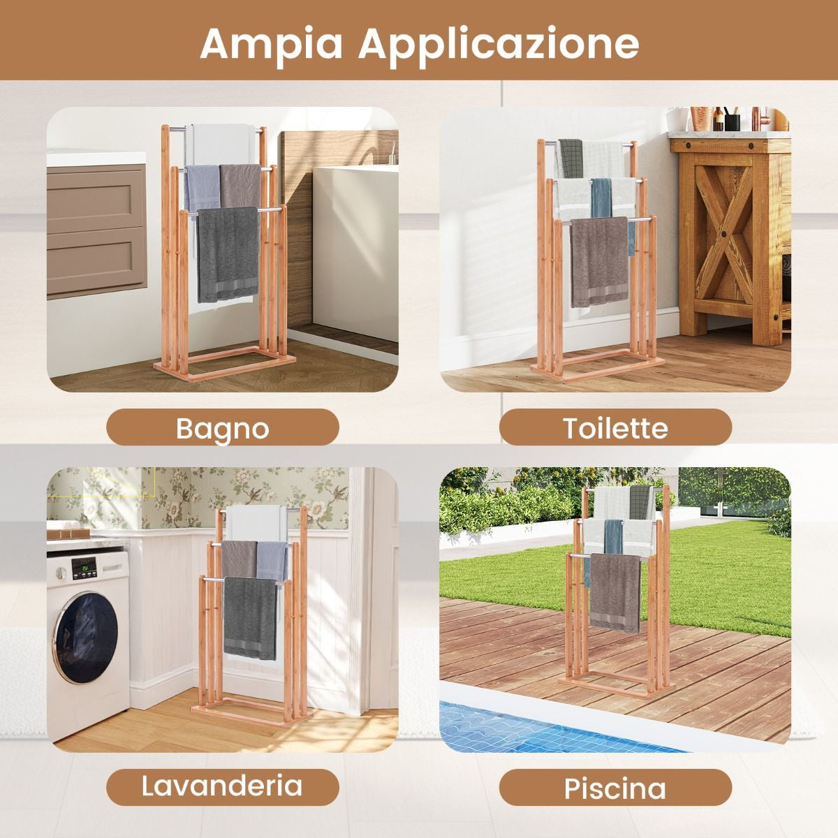 Porta Asciugamani in Legno Di Bambu Con 3 Barre in Acciaio Inox Da Terra 46X24X84Cm