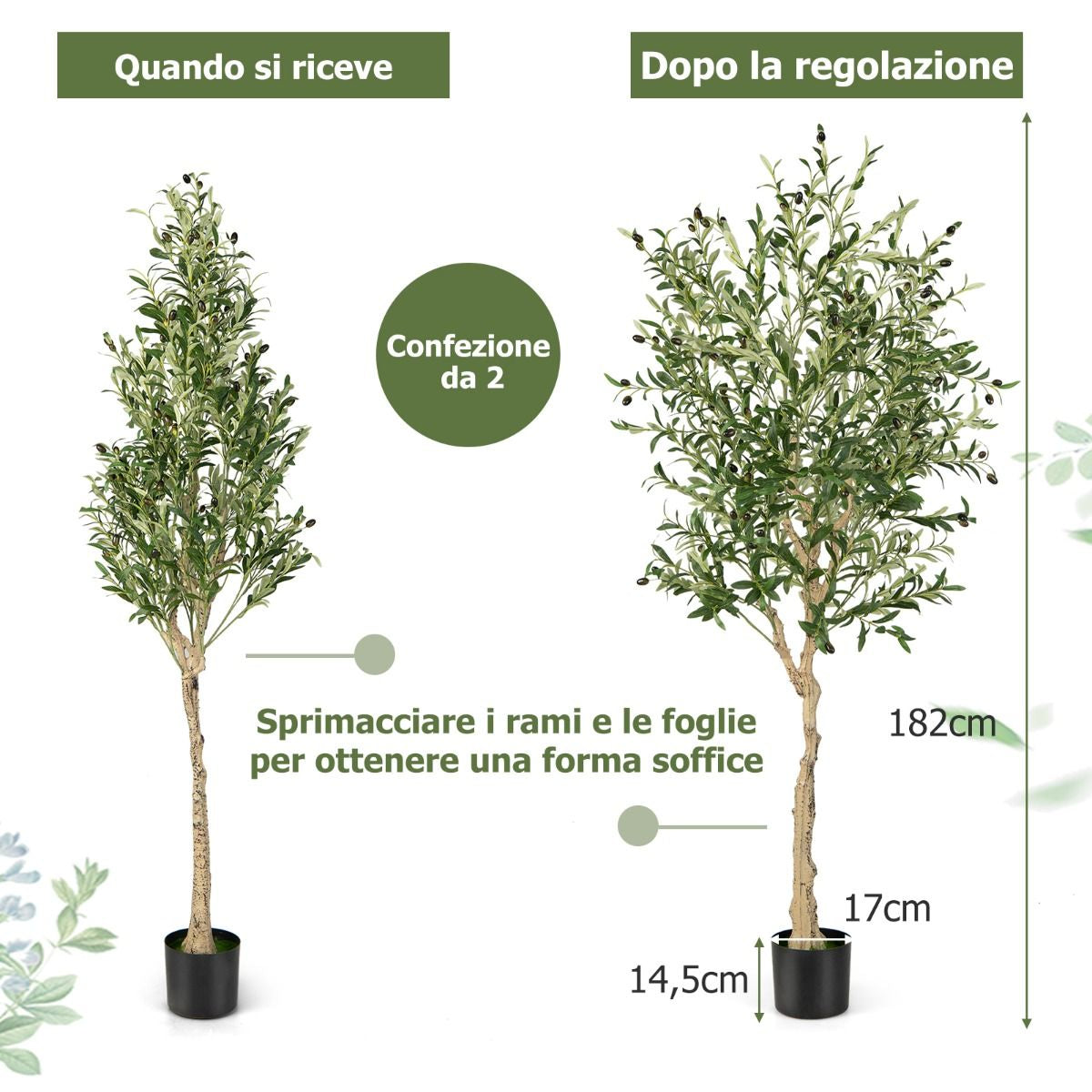 Ulivo Artificiale 182Cm Con 1296 Foglie 72 Frutti, Ulivo Finto in Vaso Di Cemento per Ufficio Casa