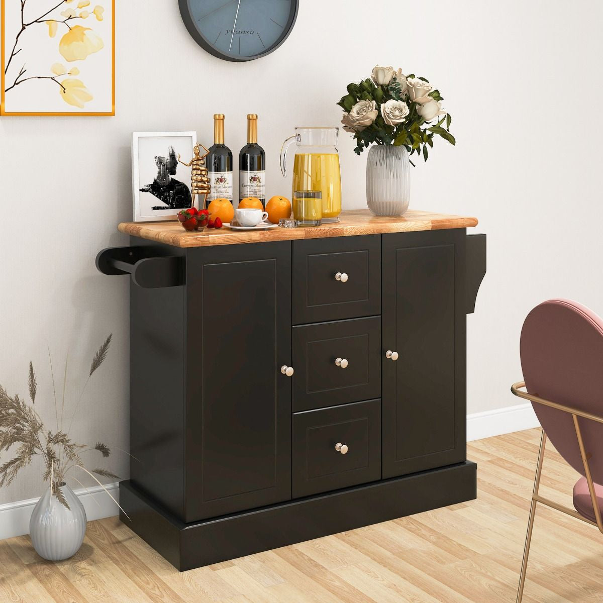 Carrello Da Cucina Con 3 Cassetti 2 Armadietti Chiusi Con Ripiani Regolabili, Isola Con Barra Laterale 2 Colori