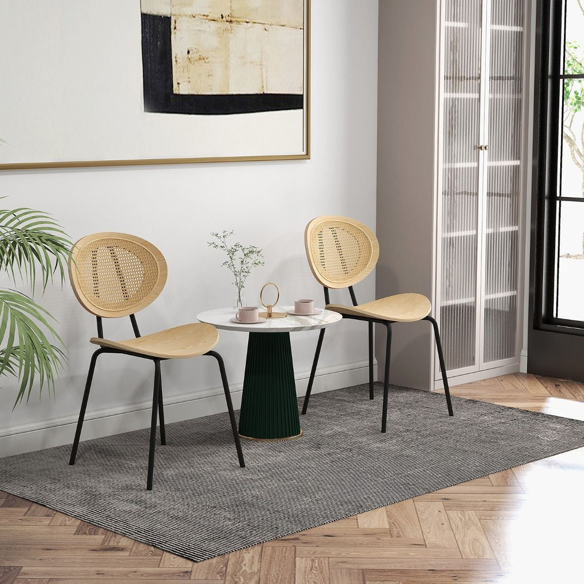 Set Di 2 Sedie Da Pranzo in Rattan Con Gambe in Metallo Seduta in Compensato, Sedie Boho Portata 140Kg Naturale