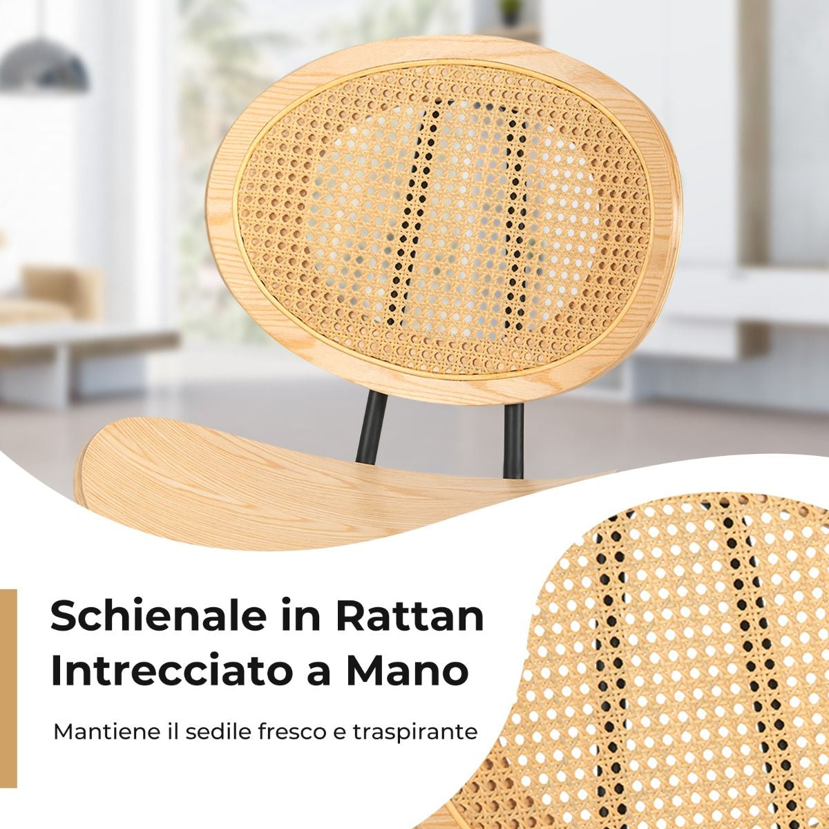Set Di 2 Sedie Da Pranzo in Rattan Con Gambe in Metallo Seduta in Compensato, Sedie Boho Portata 140Kg Naturale