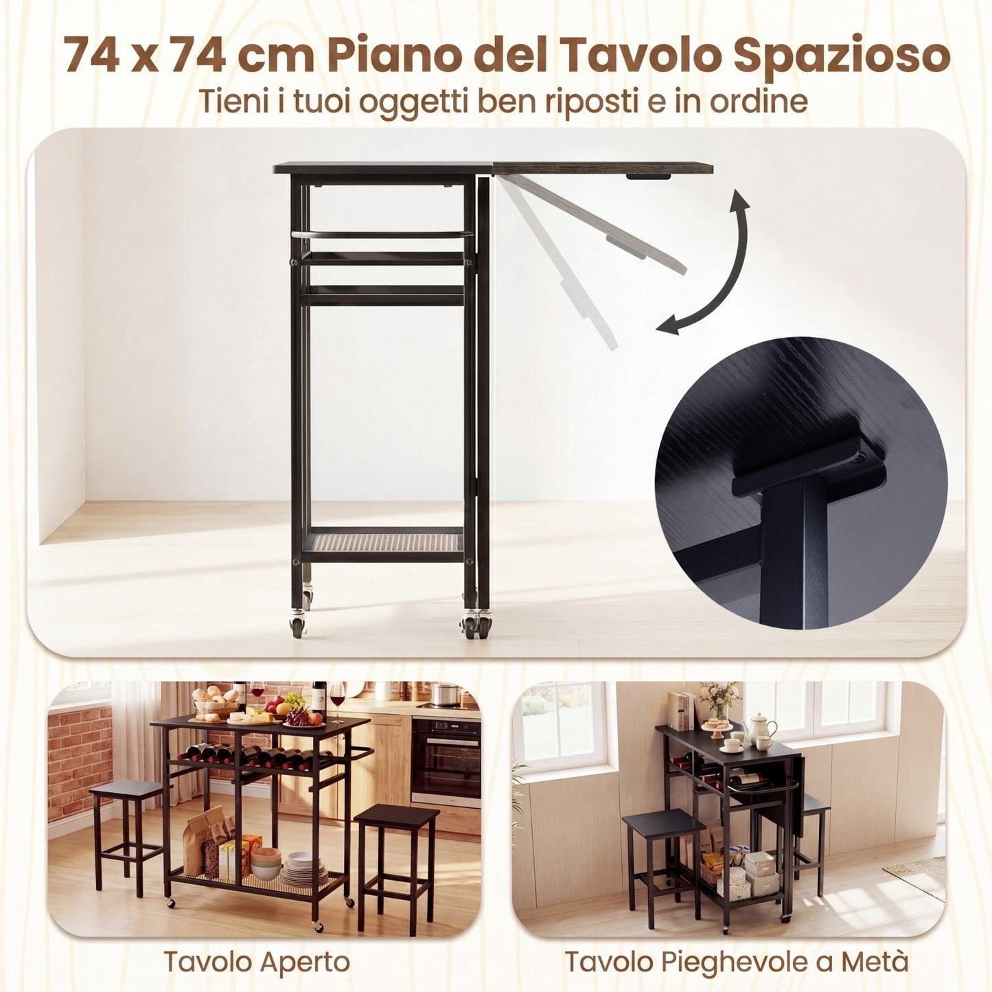 Set Tavolo Da Pranzo 3 Pezzi Con Ruote E Portabottiglie Da 6 Posti, Tavolo Da Cucina Estendibile Con 2 Sgabelli 4 Colori