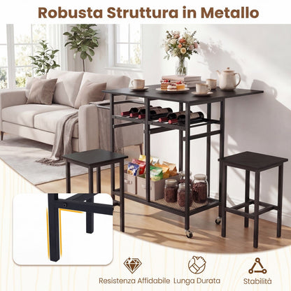 Set Tavolo Da Pranzo 3 Pezzi Con Ruote E Portabottiglie Da 6 Posti, Tavolo Da Cucina Estendibile Con 2 Sgabelli 4 Colori