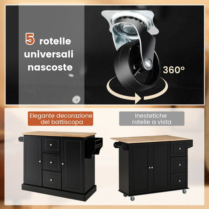 Carrello Da Cucina Con 3 Cassetti 2 Armadietti Chiusi Con Ripiani Regolabili, Isola Con Barra Laterale 2 Colori