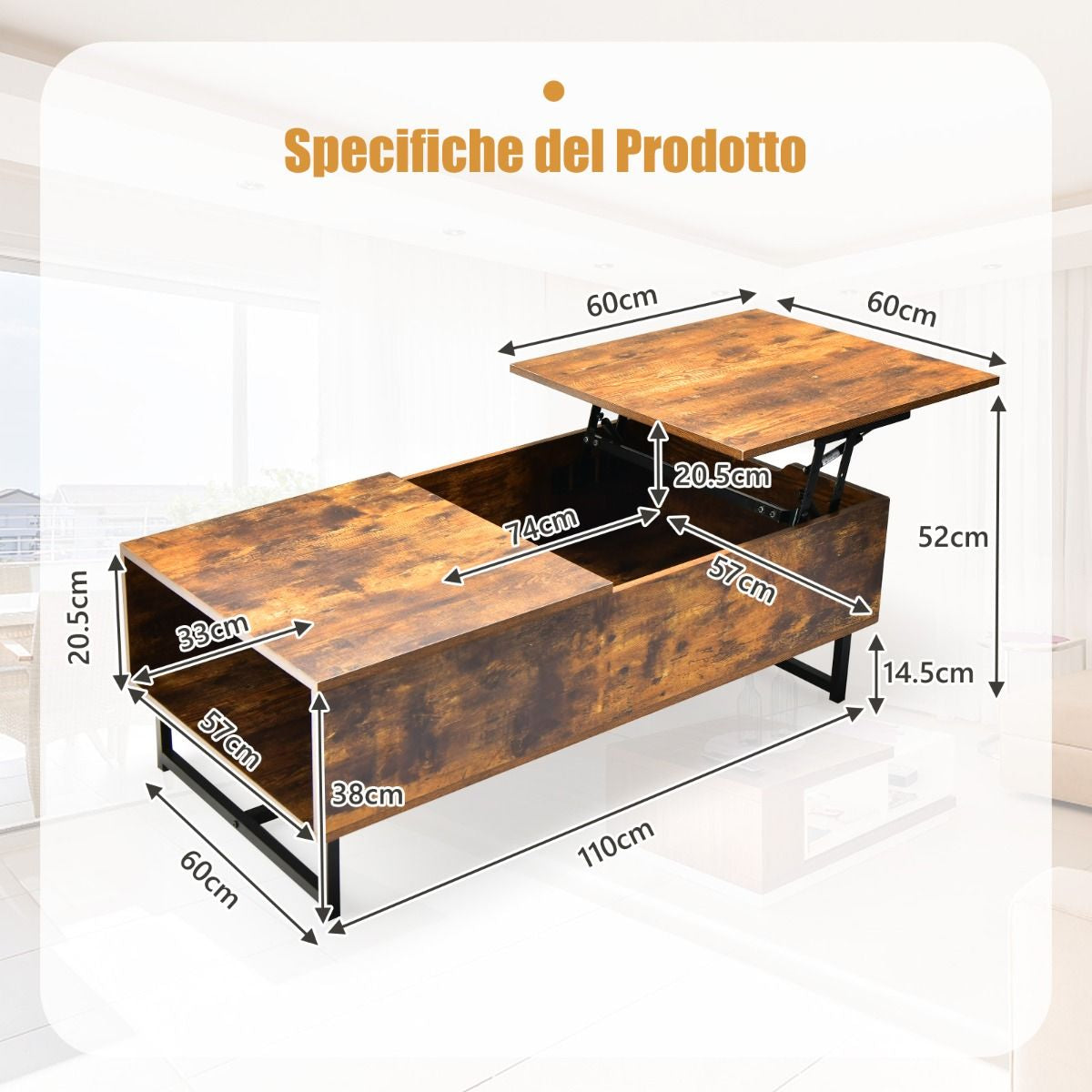 Tavolino Da Caffè 110Cm in Legno Con Ampi Scomparti Struttura in Metallo, Tavolino Da Tè per Soggiorno