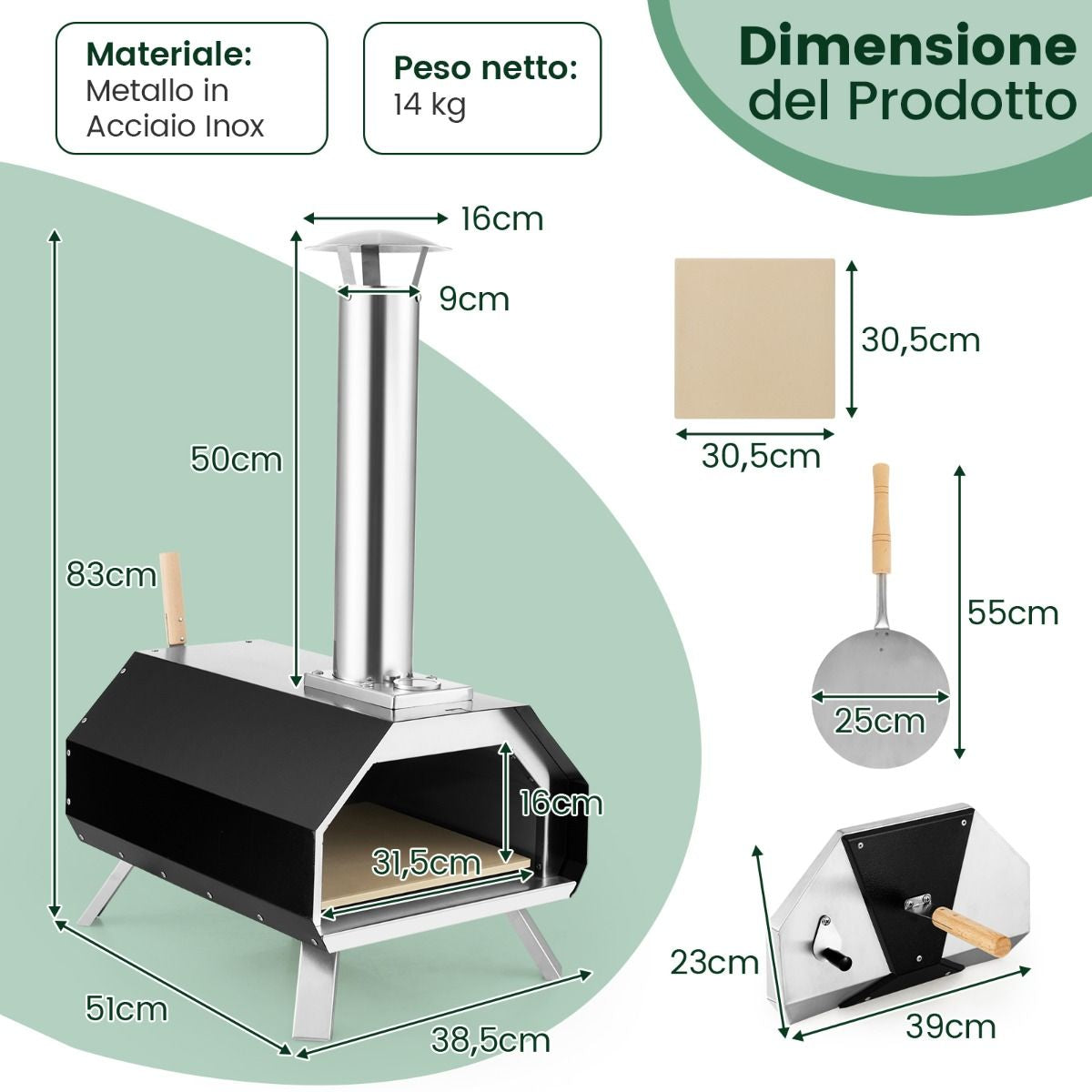 Forno per Pizza in Acciaio Inox Con Pietra per Pizza Gambe Pieghevoli, Grill a Legna Portatile per Pizza Nero