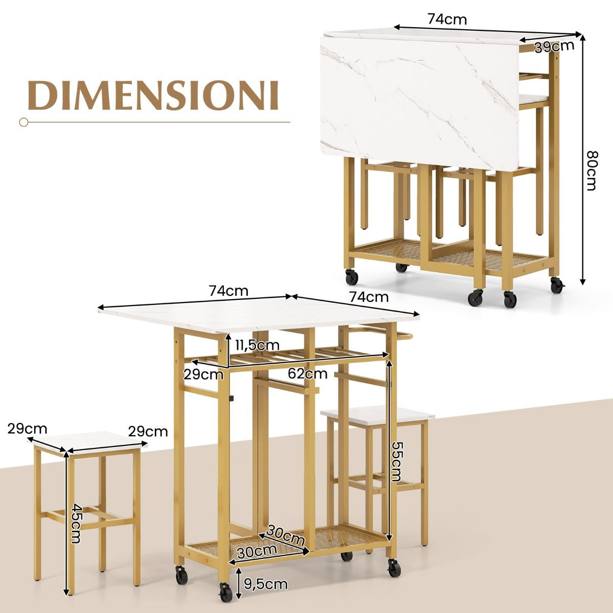 Set Tavolo Da Pranzo 3 Pezzi Con Ruote E Portabottiglie Da 6 Posti, Tavolo Da Cucina Estendibile Con 2 Sgabelli 4 Colori