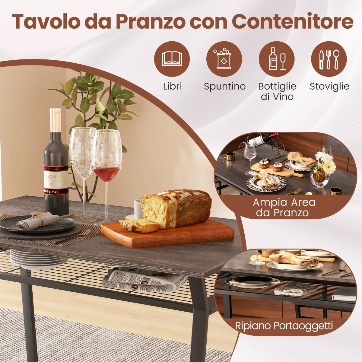 Set Da Tavolo Da Pranzo 5 Pezzi, Tavolo Da Cucina Con 4 Sedie Mensola Portaoggetti E Telaio in Metallo 2 Colori