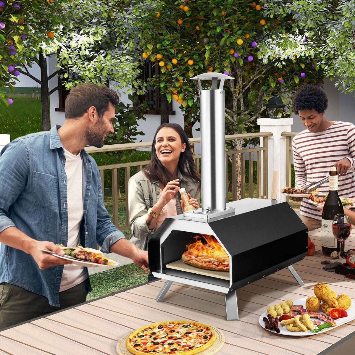 Forno per Pizza in Acciaio Inox Con Pietra per Pizza Gambe Pieghevoli, Grill a Legna Portatile per Pizza Nero
