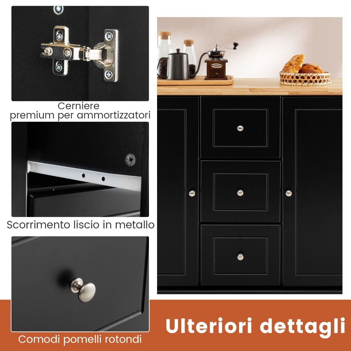Carrello Da Cucina Con 3 Cassetti 2 Armadietti Chiusi Con Ripiani Regolabili, Isola Con Barra Laterale 2 Colori