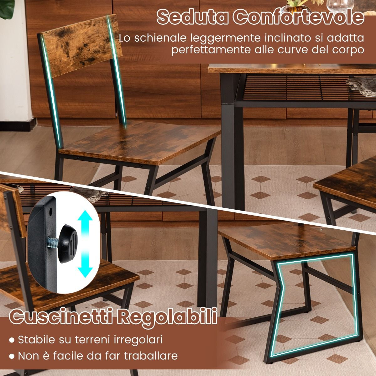 Set Da Tavolo Da Pranzo 5 Pezzi, Tavolo Da Cucina Con 4 Sedie Mensola Portaoggetti E Telaio in Metallo 2 Colori