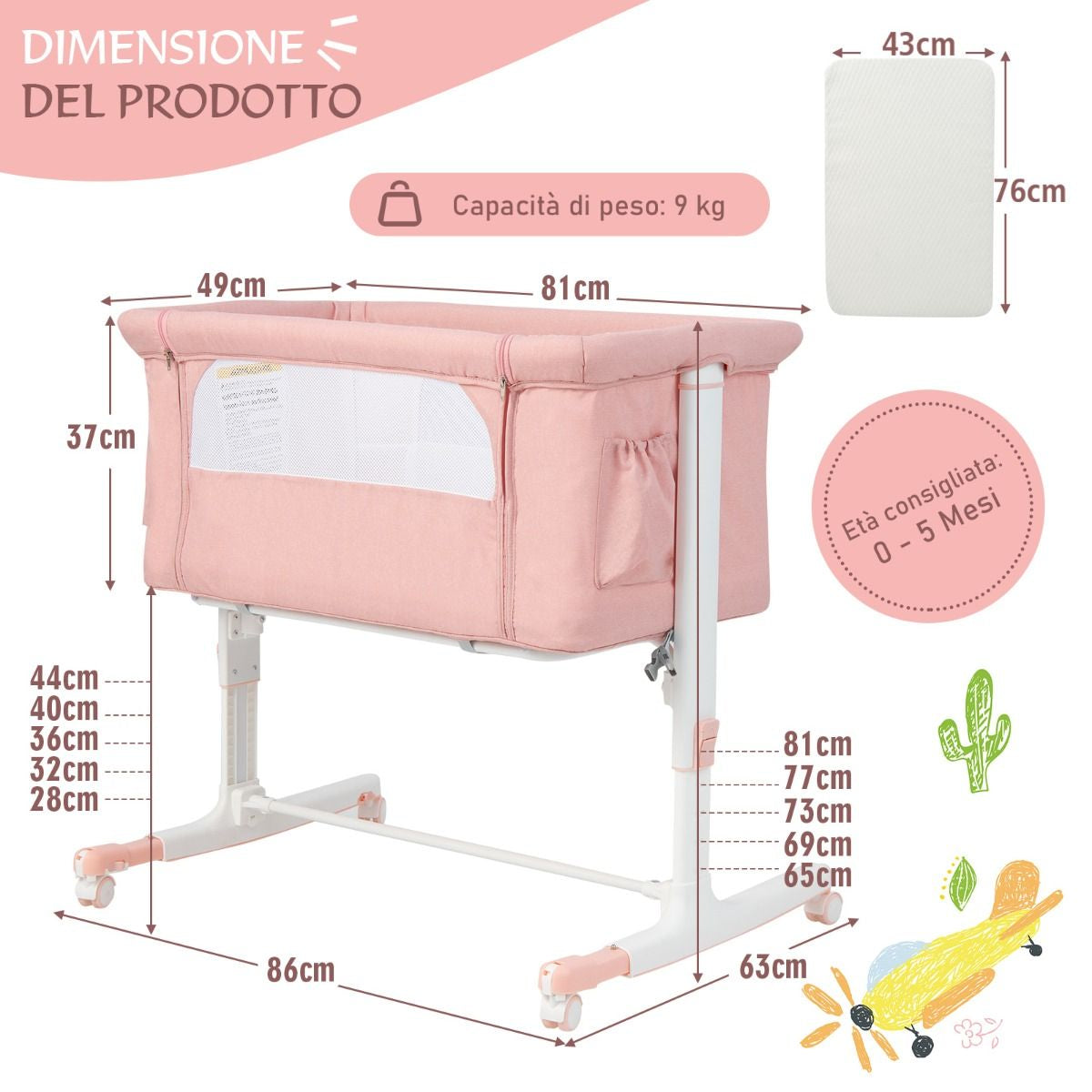 Culla per Bambini 3 in 1 Con 5 Livelli Di Altezza Regolabili Borsa Da Viaggio, Traversina per Bambini 4 Colori