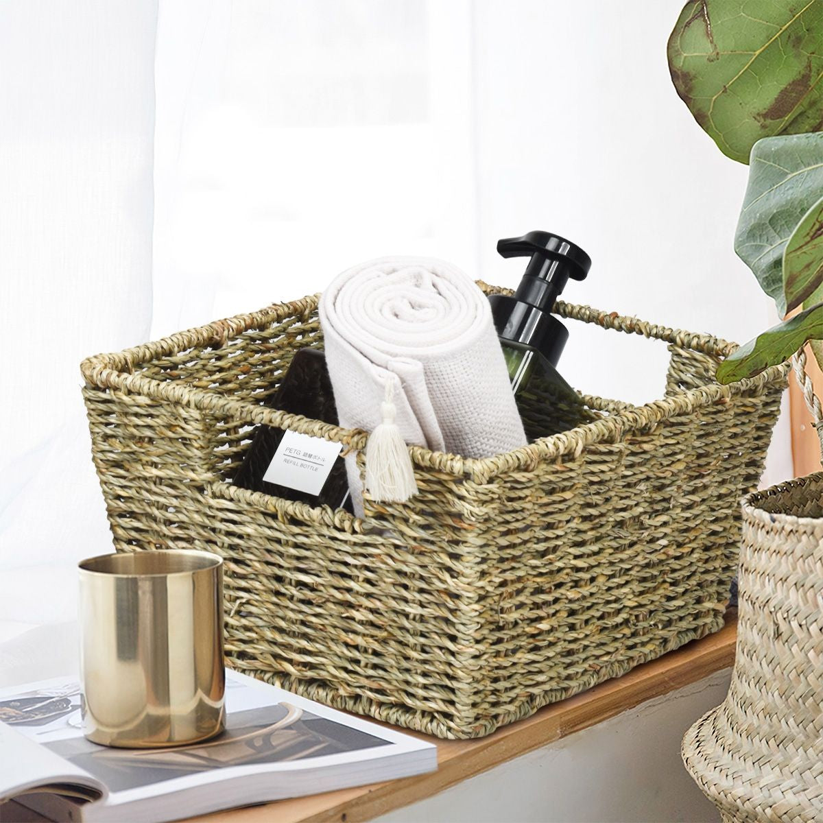 Set Di 4 Cestini in Seagrass Con Maniglie, Cestini Rettangolari in Seagrass Con Struttura in Ferro