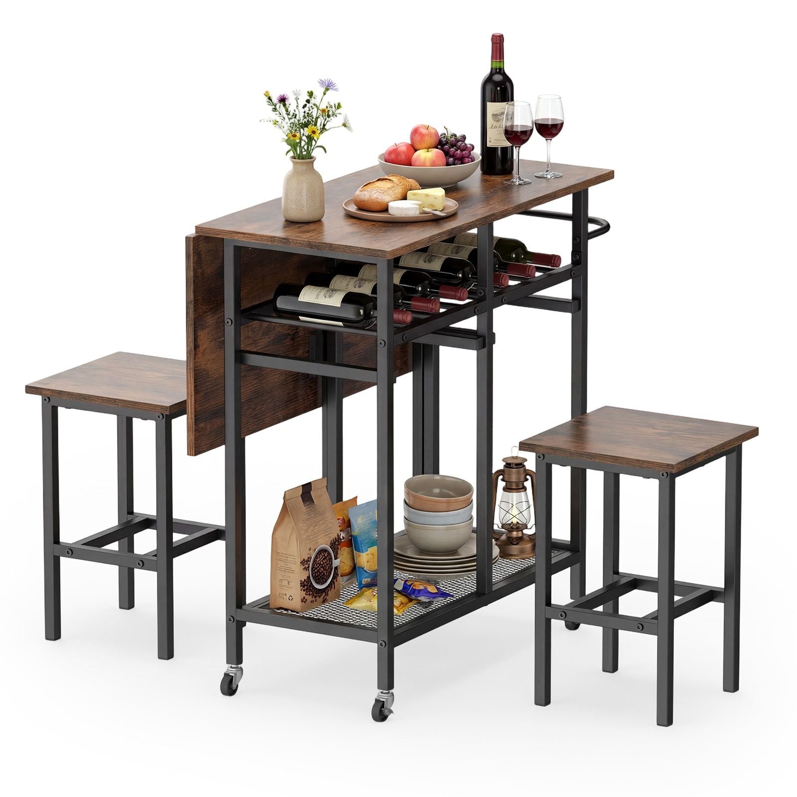 Set Tavolo Da Pranzo 3 Pezzi Con Ruote E Portabottiglie Da 6 Posti, Tavolo Da Cucina Estendibile Con 2 Sgabelli 4 Colori