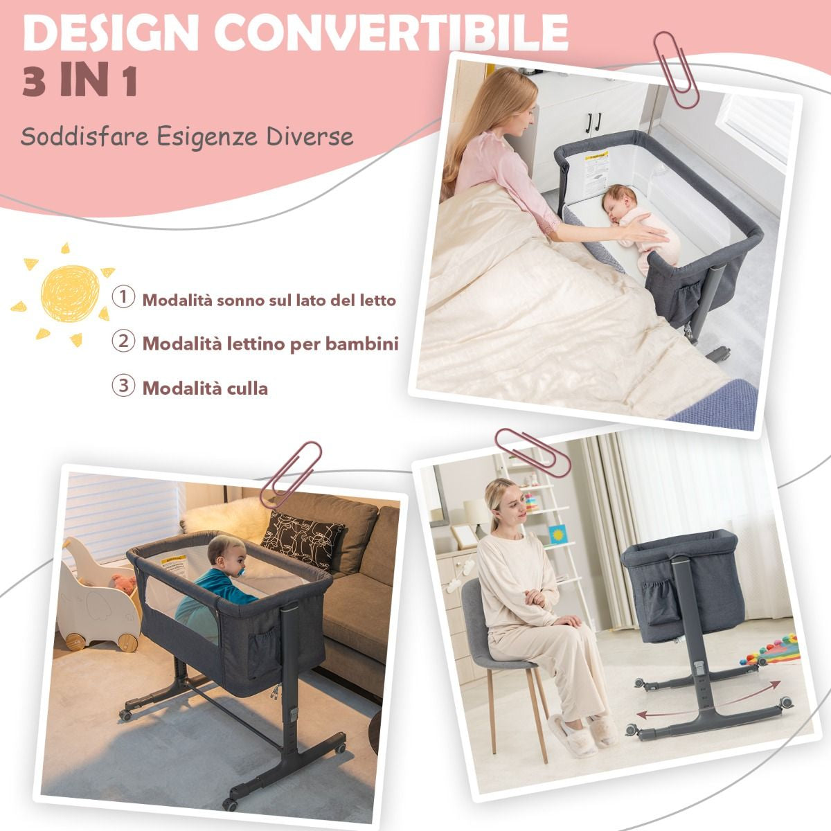 Culla per Bambini 3 in 1 Con 5 Livelli Di Altezza Regolabili Borsa Da Viaggio, Traversina per Bambini 4 Colori