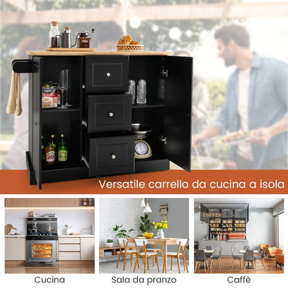 Carrello Da Cucina Con 3 Cassetti 2 Armadietti Chiusi Con Ripiani Regolabili, Isola Con Barra Laterale 2 Colori
