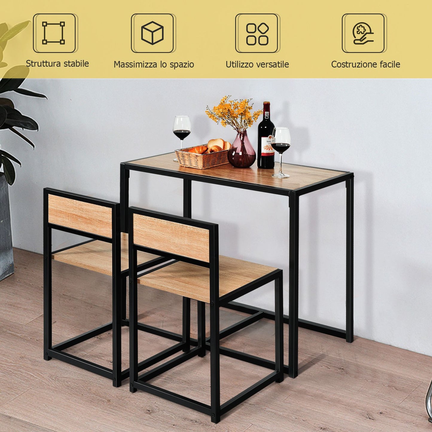Set Da Pranzo Da 3 Pezzi Con Struttura Di Metallo, Tavolo Da Cucina Con 2 Sedie per Spazi Ridotti, Naturale