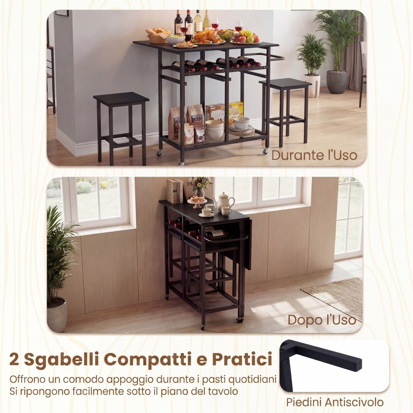Set Tavolo Da Pranzo 3 Pezzi Con Ruote E Portabottiglie Da 6 Posti, Tavolo Da Cucina Estendibile Con 2 Sgabelli 4 Colori