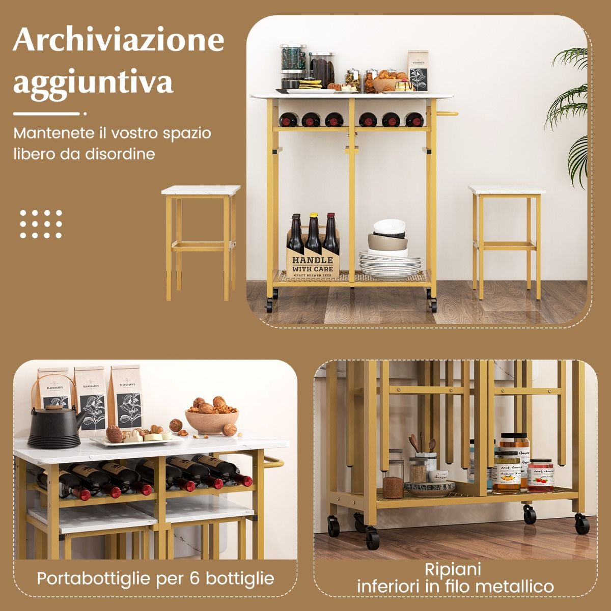 Set Tavolo Da Pranzo 3 Pezzi Con Ruote E Portabottiglie Da 6 Posti, Tavolo Da Cucina Estendibile Con 2 Sgabelli 4 Colori
