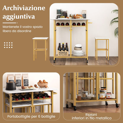 Set Tavolo Da Pranzo 3 Pezzi Con Ruote E Portabottiglie Da 6 Posti, Tavolo Da Cucina Estendibile Con 2 Sgabelli 4 Colori