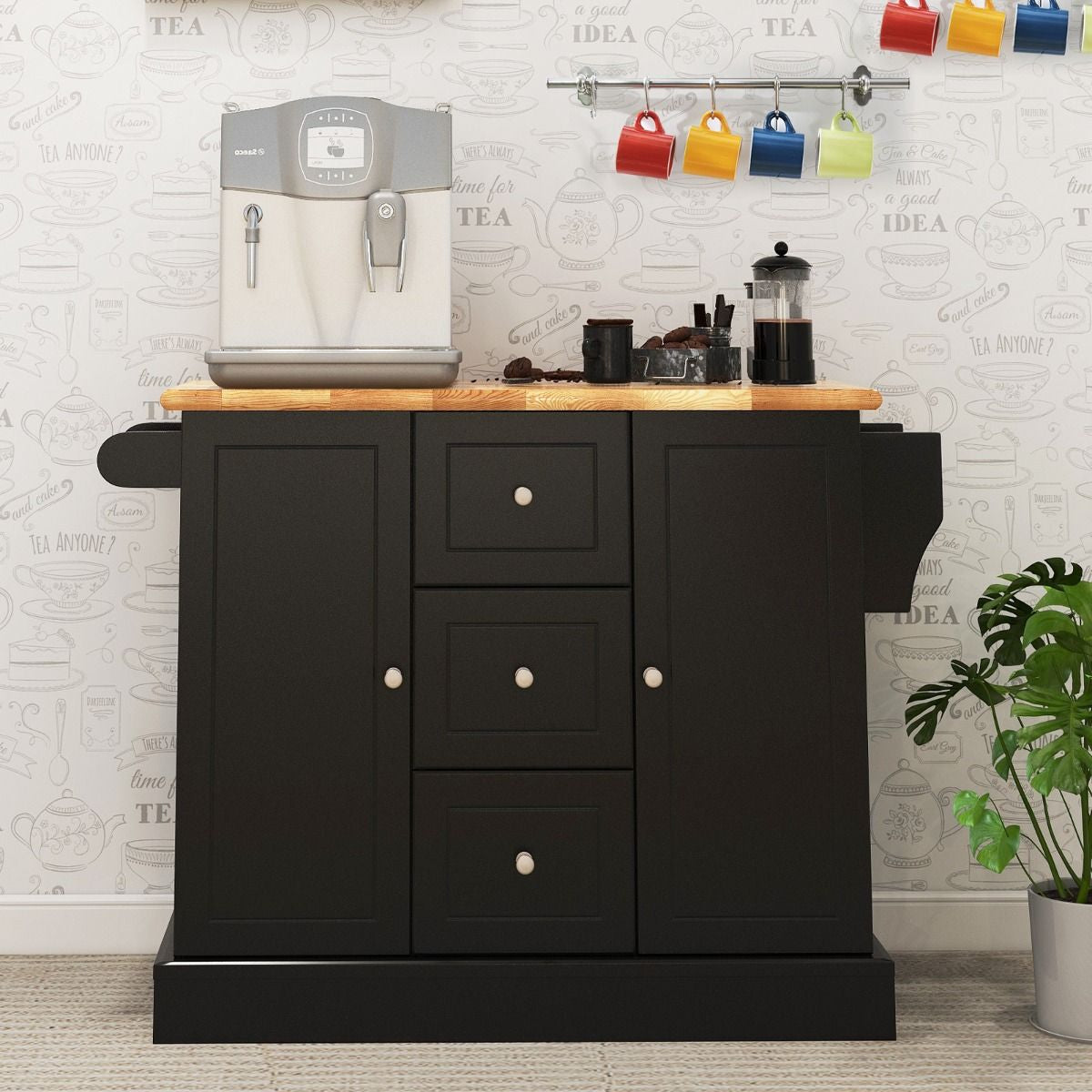 Carrello Da Cucina Con 3 Cassetti 2 Armadietti Chiusi Con Ripiani Regolabili, Isola Con Barra Laterale 2 Colori