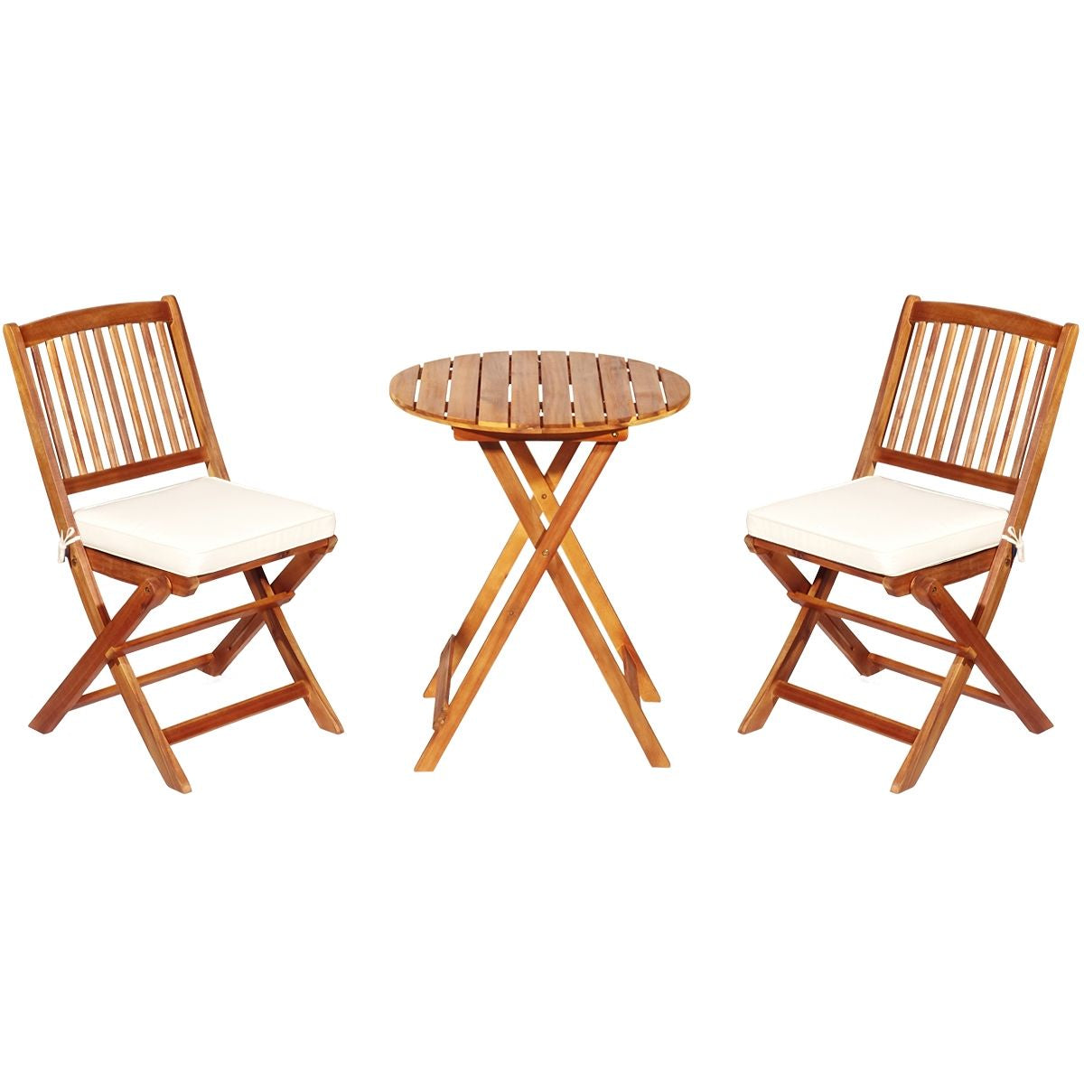 Set 3 Pezzi Pieghevoli in Legno Di Acacia Da Esterno, Set Sedie E Tavolo Con Cuscino Imbottito 3 Colori