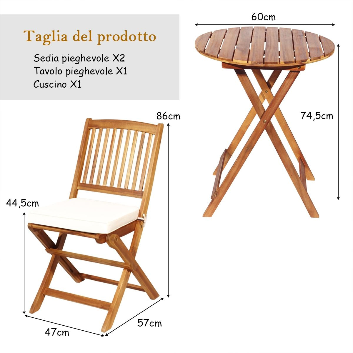 Set 3 Pezzi Pieghevoli in Legno Di Acacia Da Esterno, Set Sedie E Tavolo Con Cuscino Imbottito 3 Colori