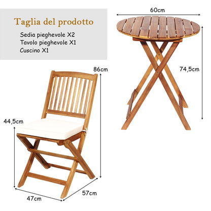 Set 3 Pezzi Pieghevoli in Legno Di Acacia Da Esterno, Set Sedie E Tavolo Con Cuscino Imbottito 3 Colori