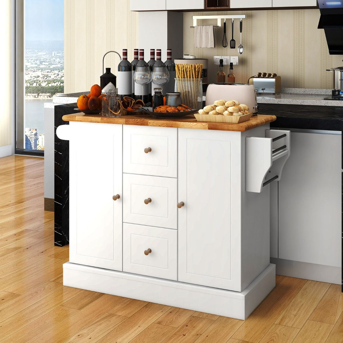 Carrello Da Cucina Con 3 Cassetti 2 Armadietti Chiusi Con Ripiani Regolabili, Isola Con Barra Laterale 2 Colori