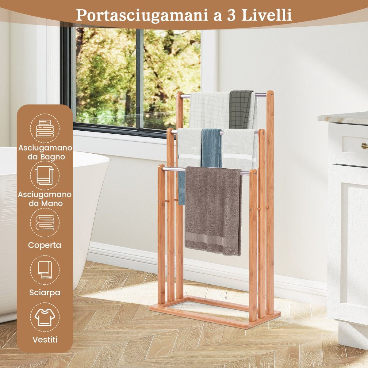 Porta Asciugamani in Legno Di Bambu Con 3 Barre in Acciaio Inox Da Terra 46X24X84Cm